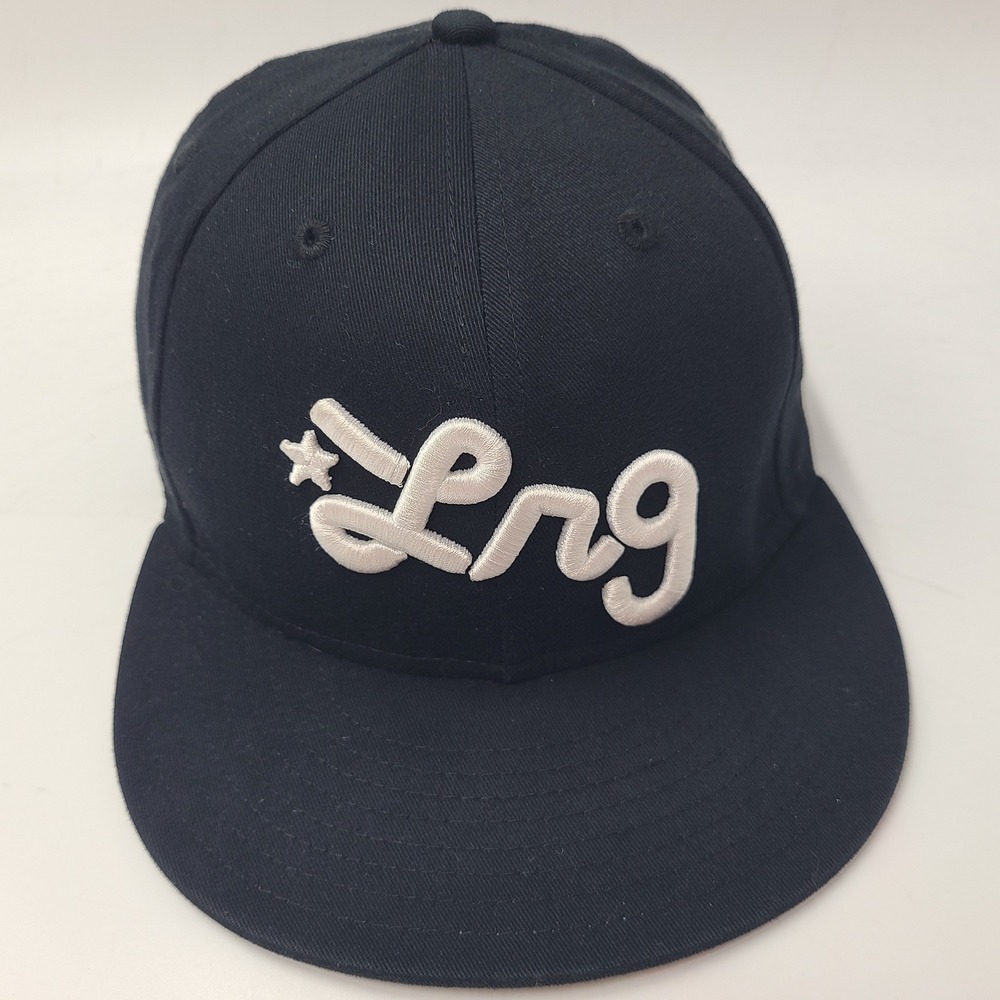 LRG Hat Fitted 7 1/4 New Era 59Fifty Black White Script Logo Skate Skateboard